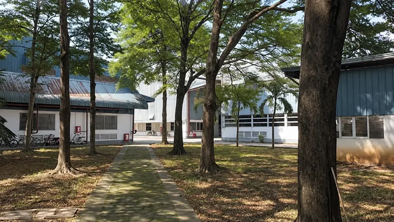 宿舍外觀與樹蔭步道